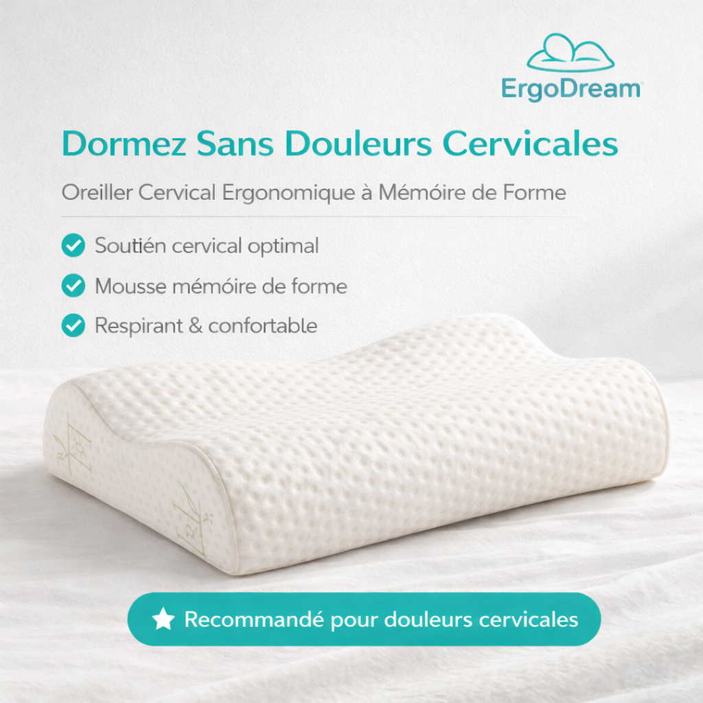 Oreiller Ergonomique Long en Mousse à Mémoire de Forme – Confort du Cou et Sommeil Apaisé