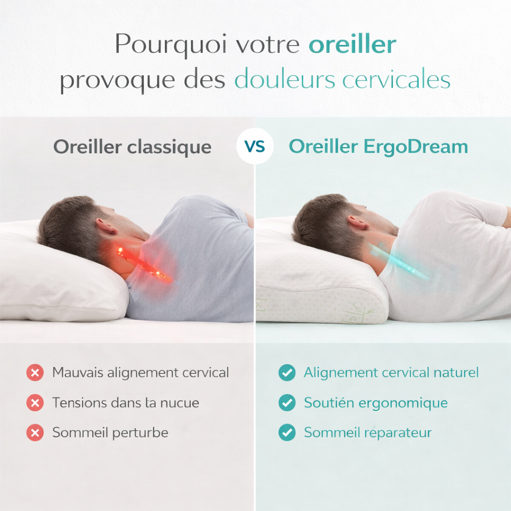 Oreiller Ergonomique Long en Mousse à Mémoire de Forme – Confort du Cou et Sommeil Apaisé