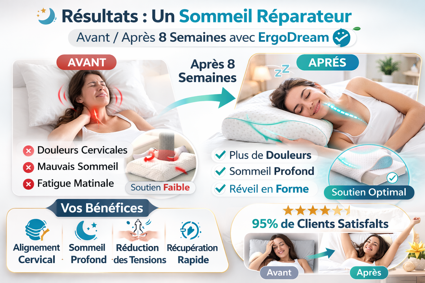 Oreiller Ergonomique Long en Mousse à Mémoire de Forme – Confort du Cou et Sommeil Apaisé