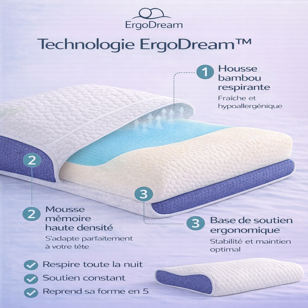 Oreiller en Mousse à Mémoire de Forme – Confort de Sommeil pour Toutes les Positions