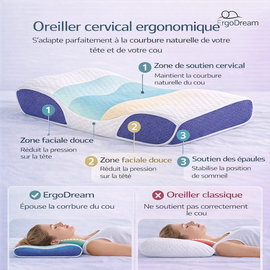 Oreiller en Mousse à Mémoire de Forme – Confort de Sommeil pour Toutes les Positions